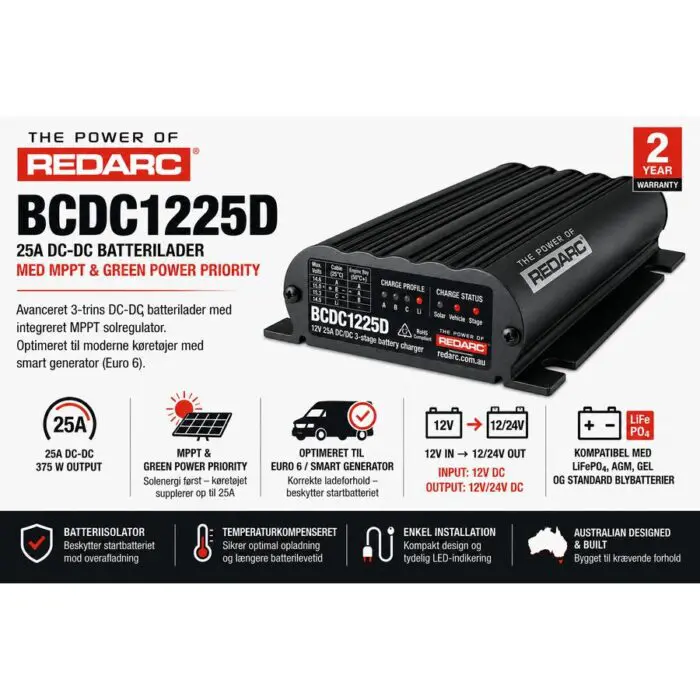 REDARC Dc-Dc step up 25A lader med solar