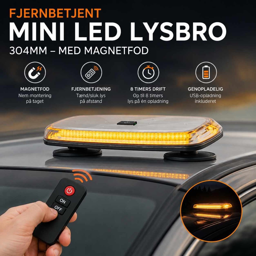 Fjernbetjent genopladelig mini Led lysbro 304mm m/magnet