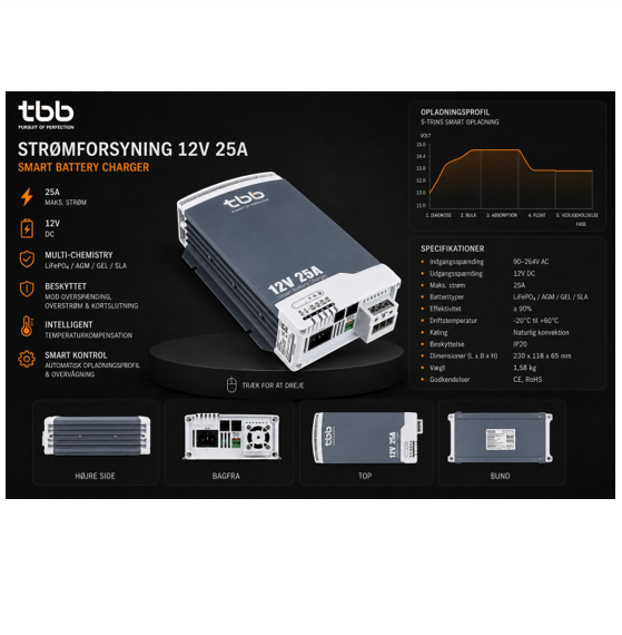 Alternative view of TBB BS1225-3 230V/12V batteri lader 25A +3A